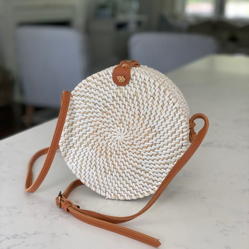 White rattan round woven crossbody purse